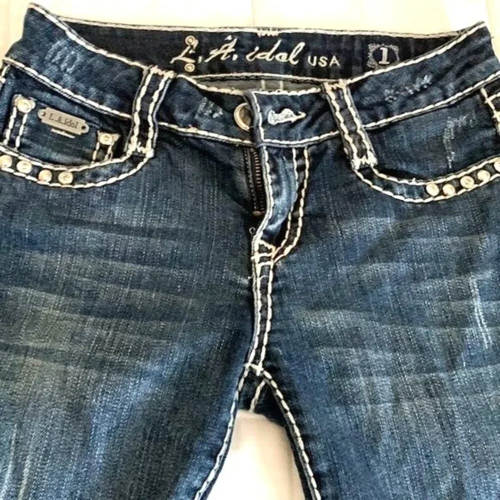Aidal USA Womens Denim Capri Jeans W27 L12 Size 1 Dark Wash Studded Rolled Hem - Picture 2 of 9